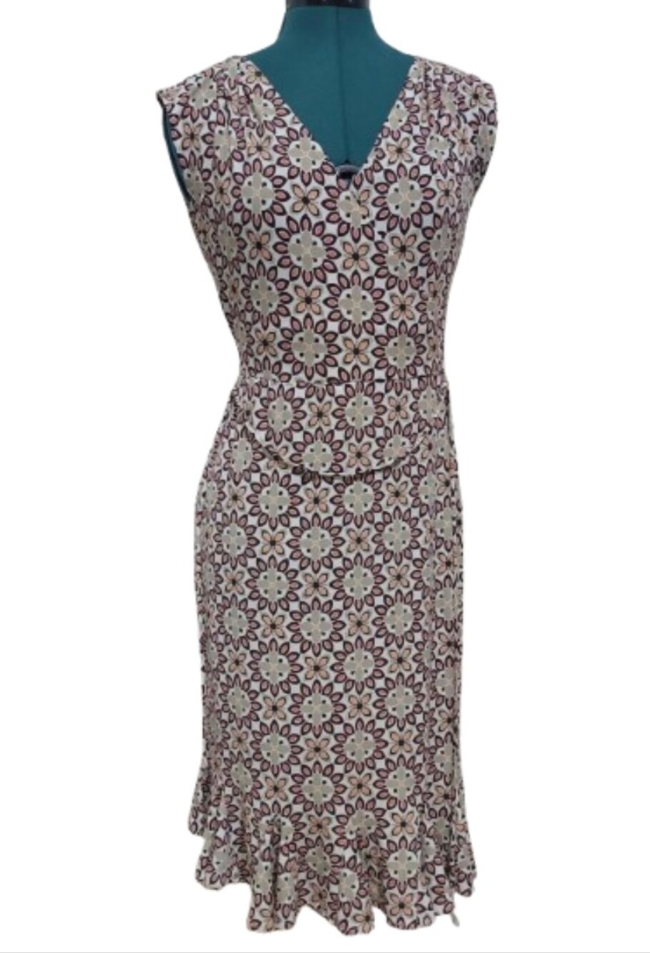 Dressbarn Sleeveless V-neck Midi Dress Ruffled Flounce Hem Size 4 Neutral Fall
